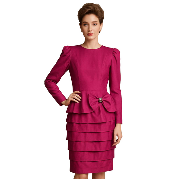 Vintage A.J. Bari 100% Silk Lined Fuchsia Pink Bow Tie Ruffle Dress Size 8 - Picture 1 of 15